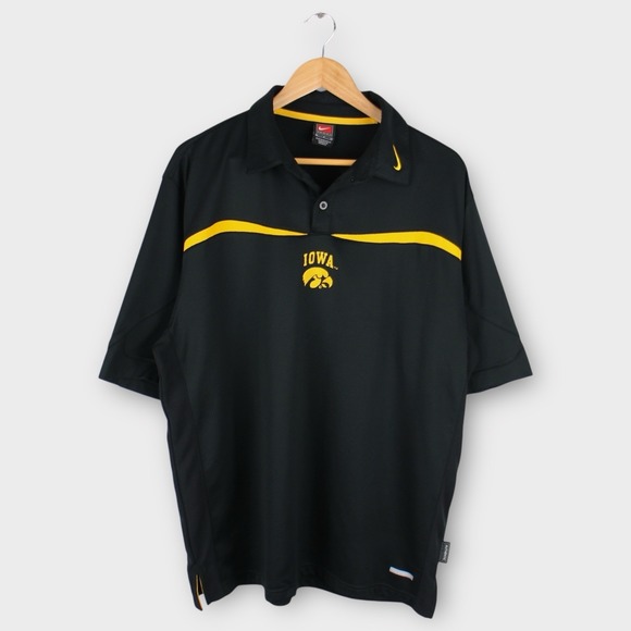 Vintage Nike Team Iowa Hawkeyes Polo Shirt Men's Large Black Gold Dri-FIT NCAA - Picture 1 of 4